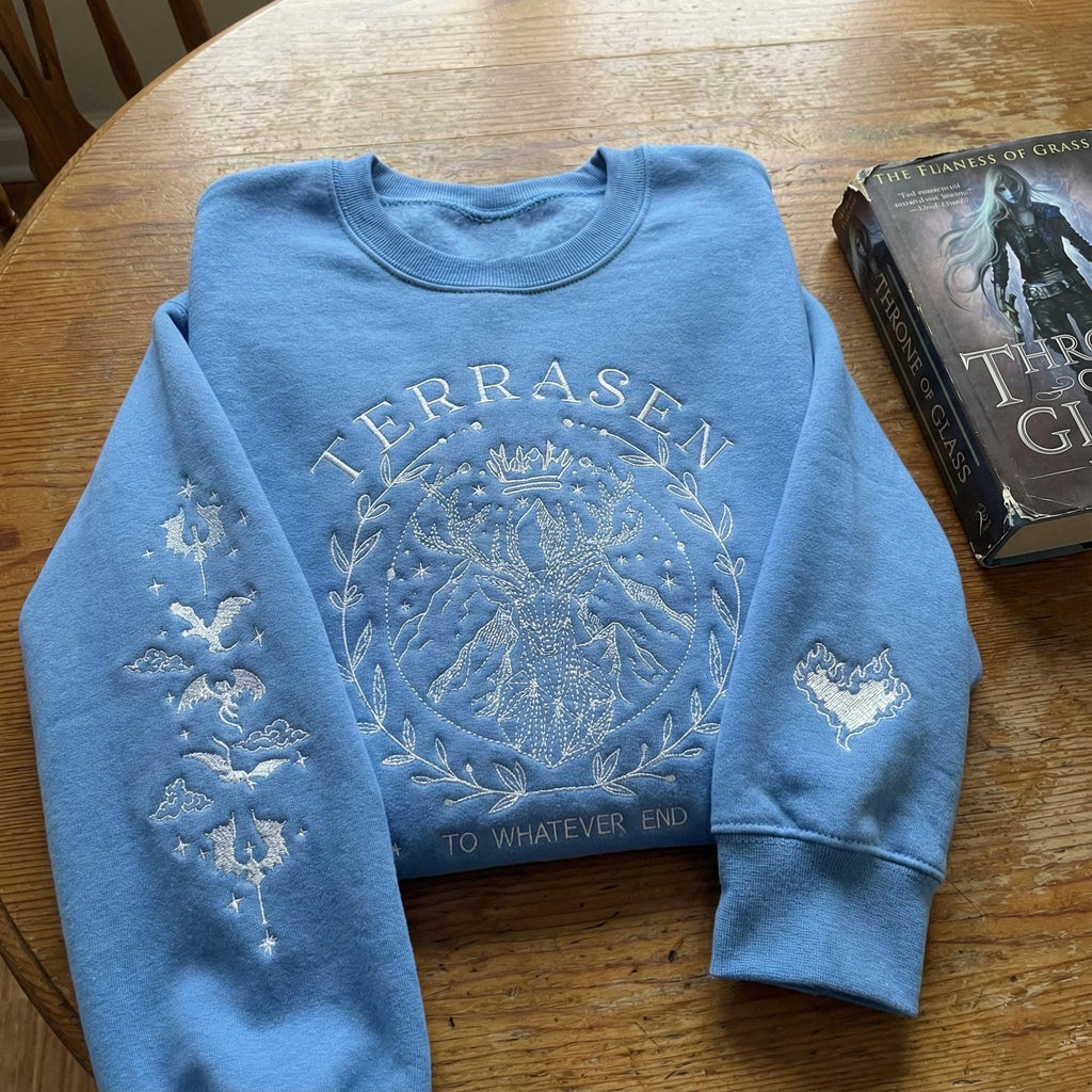 Terrasen To Whatever End Embroidered Sweatshirt, Fireheart Hoodie, SJM Throne of Glass Shirt, ACOTAR Book Lover Gift,Fantasy Reader Crewneck