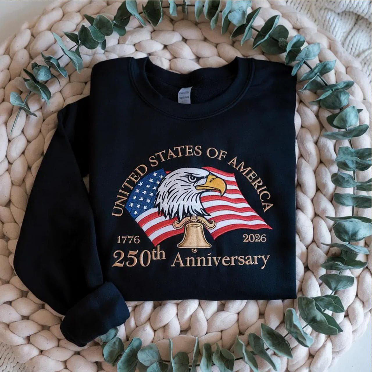Embroidered American 250th Anniversary Sweatshirt – USA 1776 Flag Shirt | 1776–2026 Liberty Bell Independence Day Gift