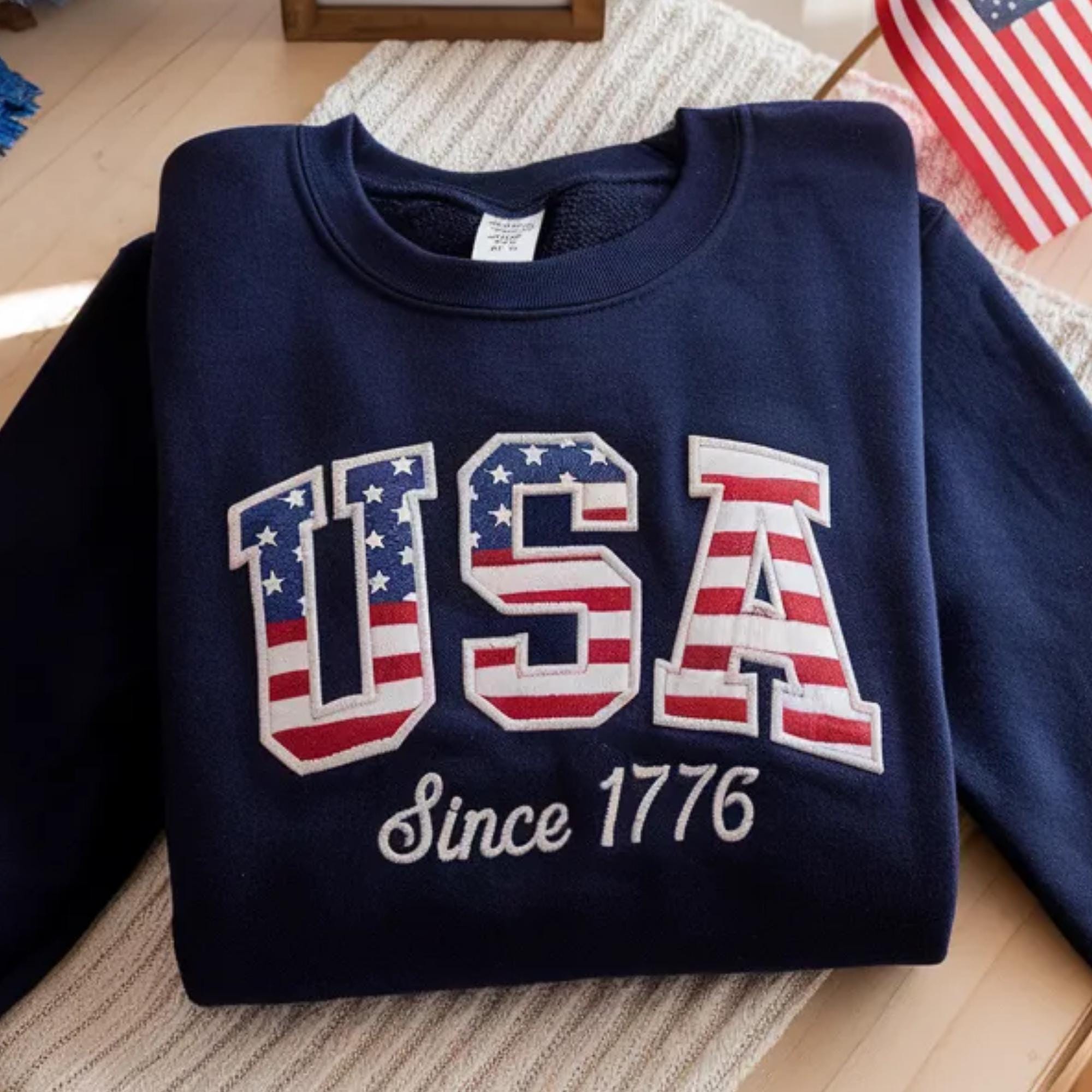 Embroidered USA Sweatshirt, Est 1776 American Flag Apparel, Patriotic Women's Shirt