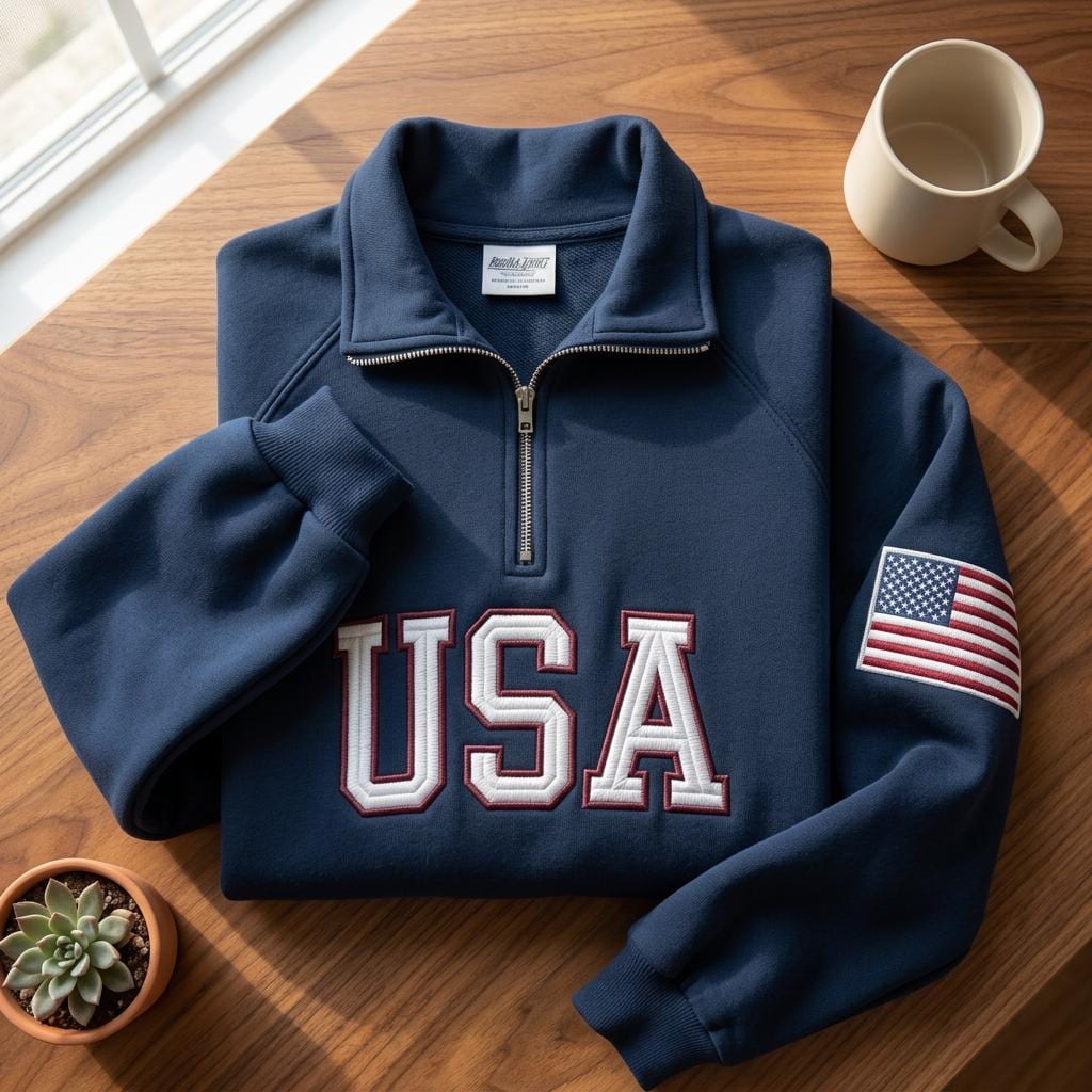 USA Quarter Zip Sweatshirt, Embroidered USA Pullover, Patriotic American Flag Sweater, 4th of July Outfit, Retro USA With Flag Shirt