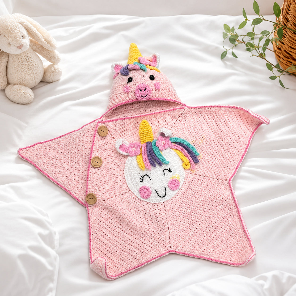 Personalized Unicorn Baby Swaddle, Star Cocoon, Custom Baby Star Romper Sleep Sack, Hooded Newborn Wrap, Handmade Crochet Knit Outfit, Custom Name Baptism Baby Shower Gift BABYSR01