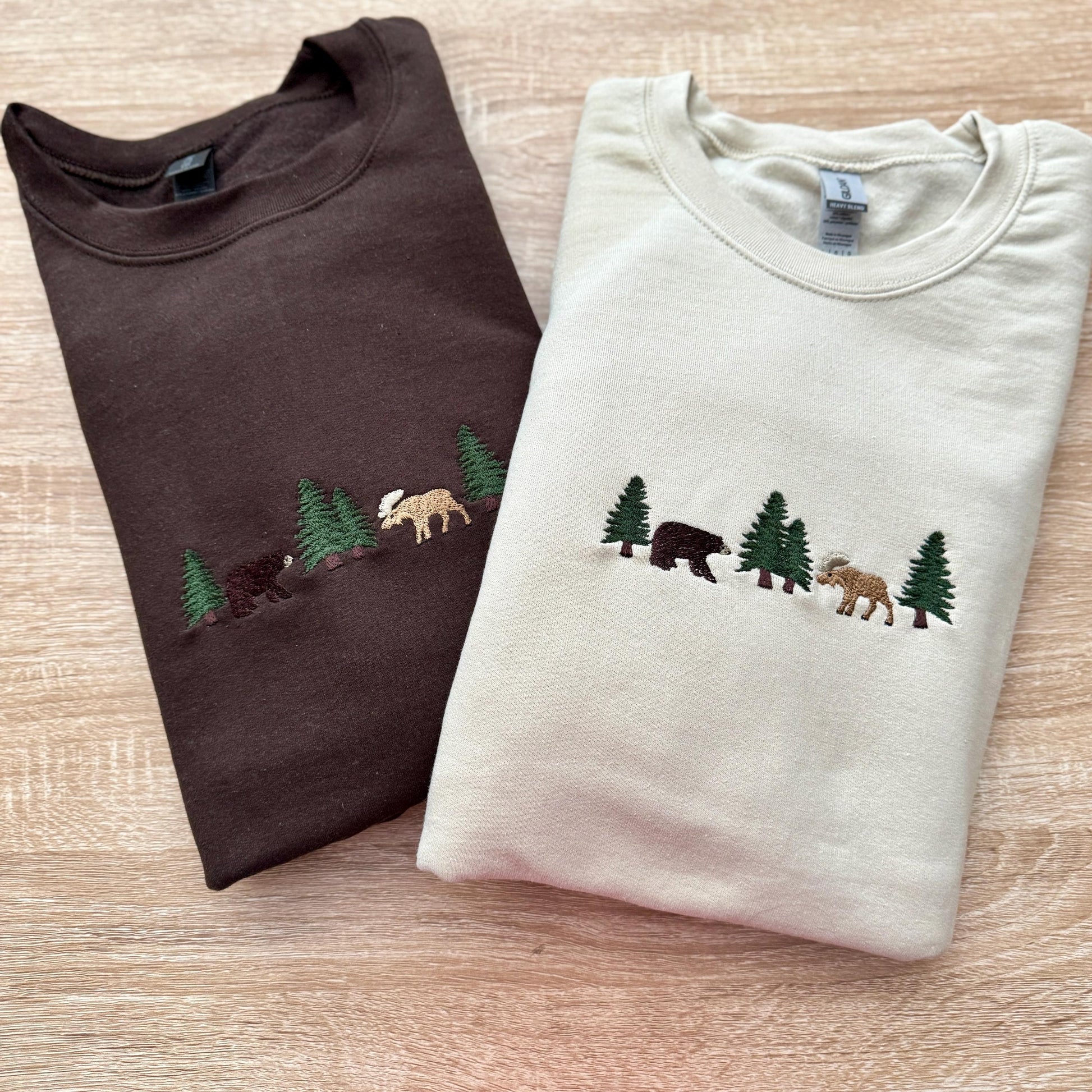 Embroidered Nature Sweatshirt, Bear and Moose Forest Wildlife Crewneck, Cozy Handmade Embroidery Gift