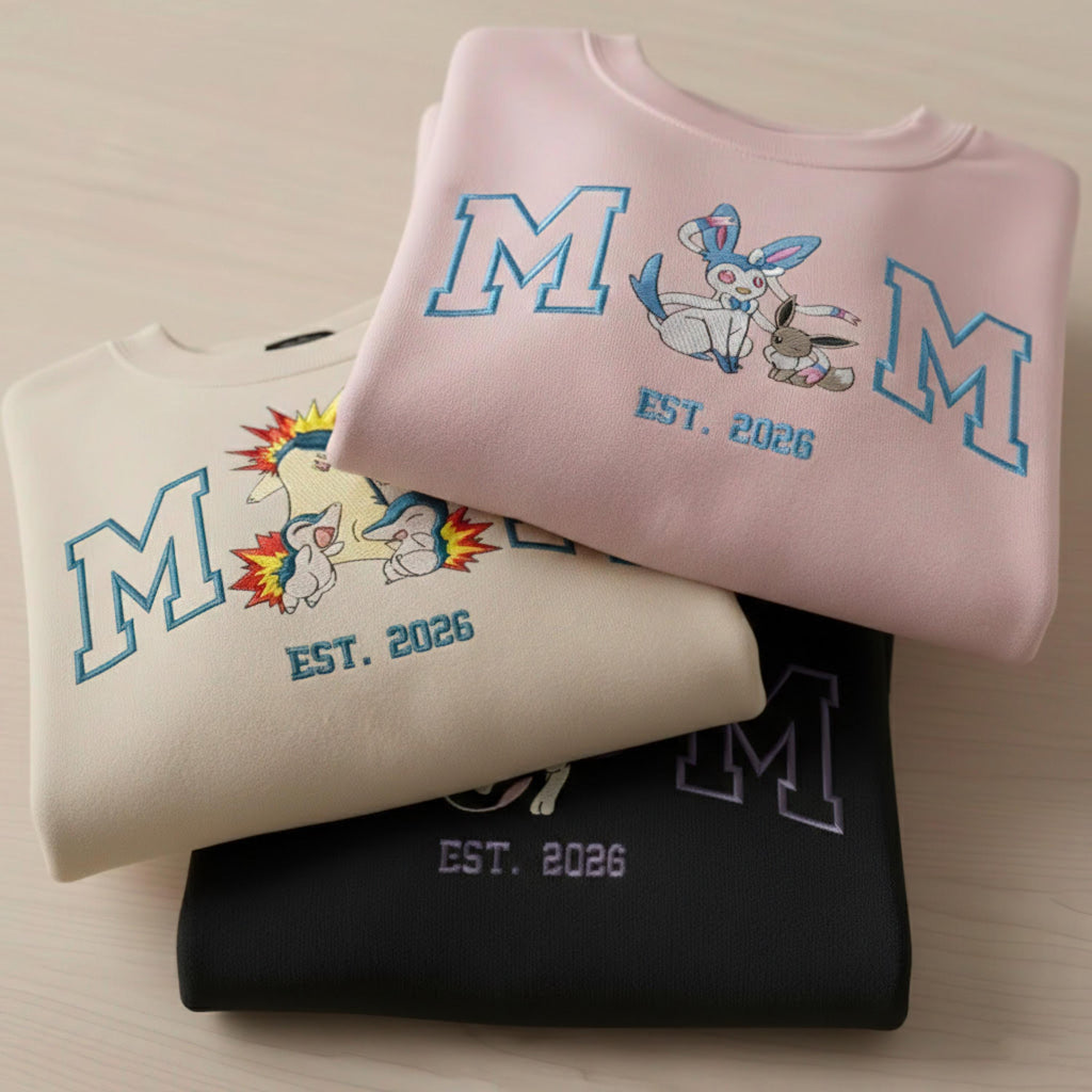 Embroidered Custom Pokemom Character Hoodie, Cute Poke Mom Characters Sweatshirt, Cozy Anime Embroidery, Gift for PKM Fans, Gift for mom