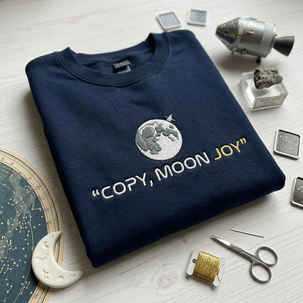 Moon Joy Embroidered Sweatshirt, Minimal Space Aesthetic Shirt, Lunar Quote Pullover, Cute Night Sky Gift for Her