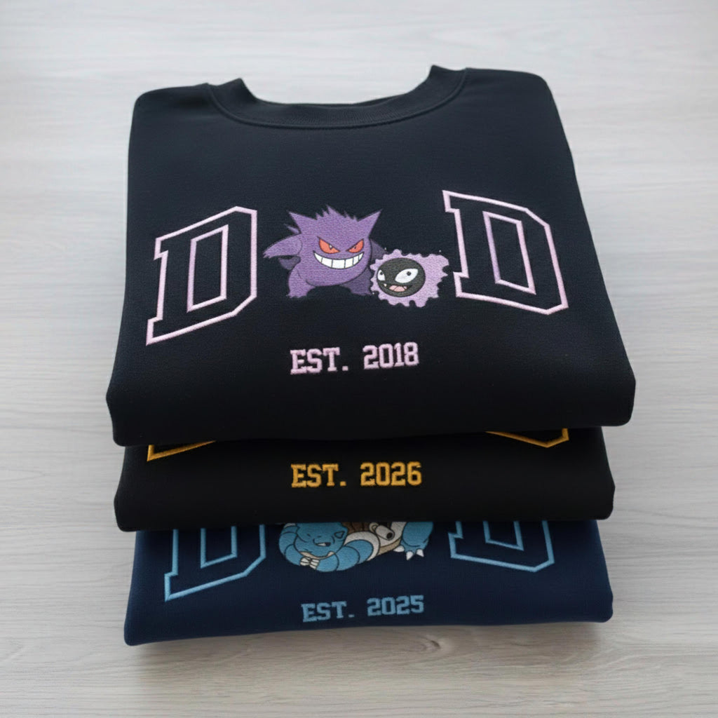 Embroidered Custom Pokedad Character Hoodie, Cute Poke Dad Characters Sweatshirt, Cozy Anime Embroidery, Gift for PKM Fans, Gift for dad