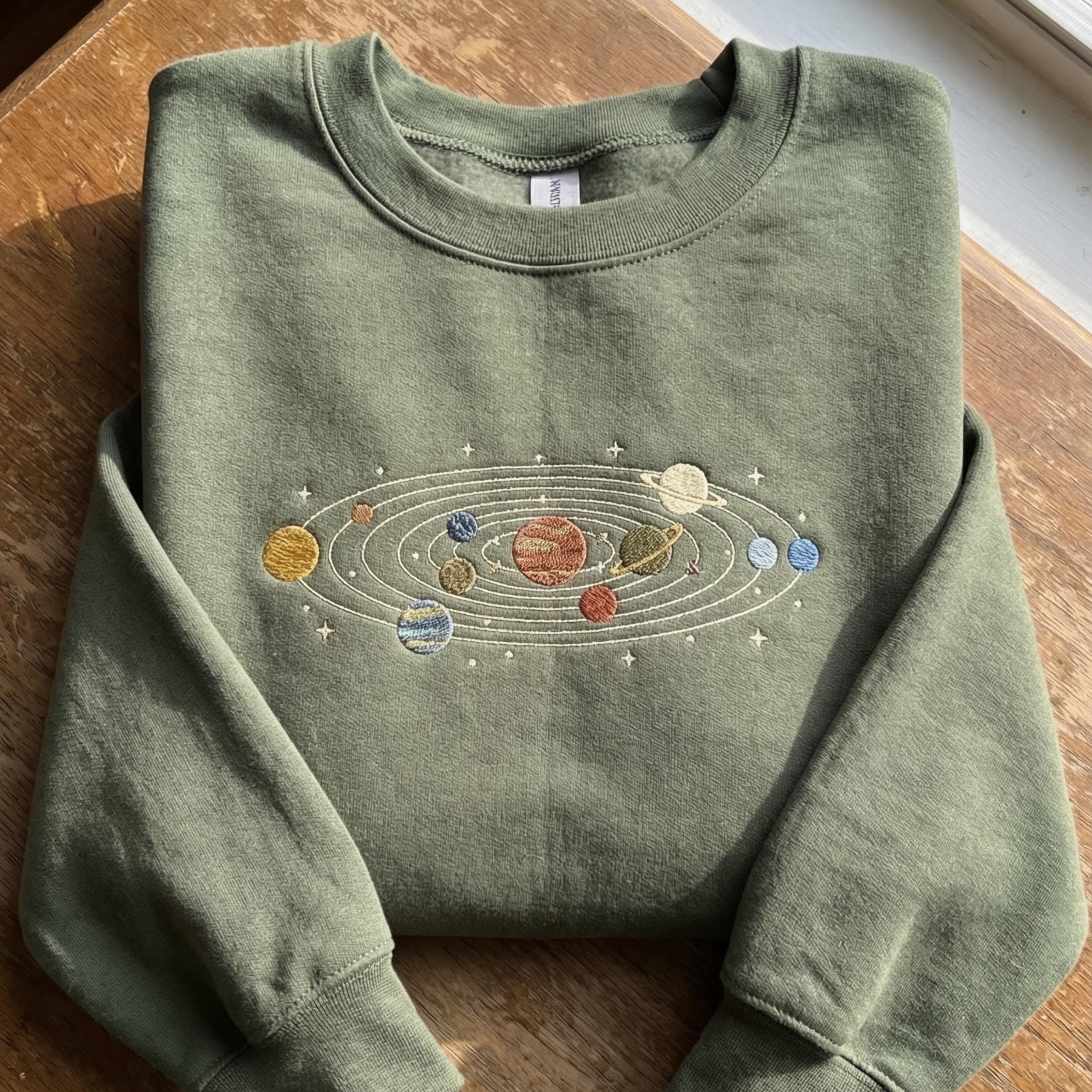 Embroidered Solar System Sweatshirt, Minimalist Crewneck, Space Graphic Pullover, Aesthetic Everyday Wear, Unisex Gift