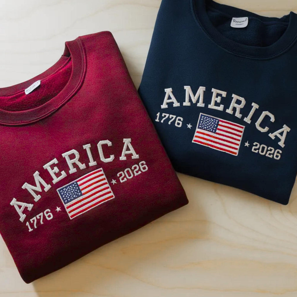 Embroidered USA 250th Anniversary Sweatshirt, Patriotic Crewneck, Fourth of July Apparel