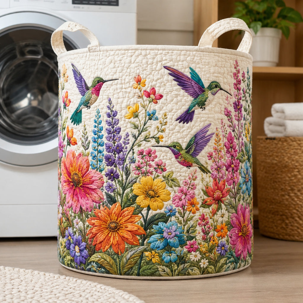 Hummingbird Pattern Quilted Laundry Basket, Hummingbird Floral Pattern Storage Hamper, Custom Name Quilted Basket, Laundry Room Decor, Family Basket, Fabric Clothes Basket QBK85
