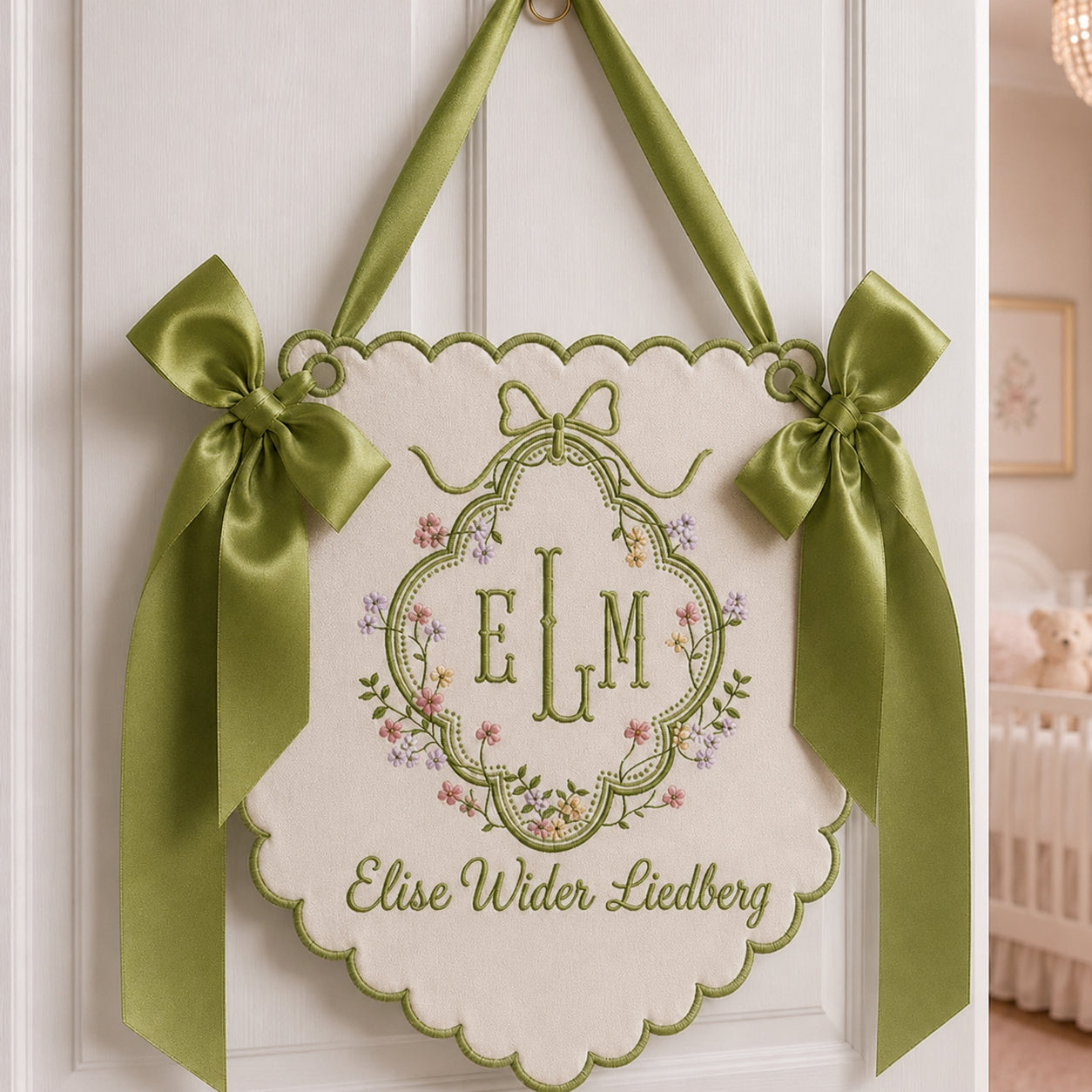 Personalized Embroidered Baby Name Banner, Custom Monogram Nursery Pennant, Hospital Door Announcement, Newborn Nursery Decor Gift BBFLAG01