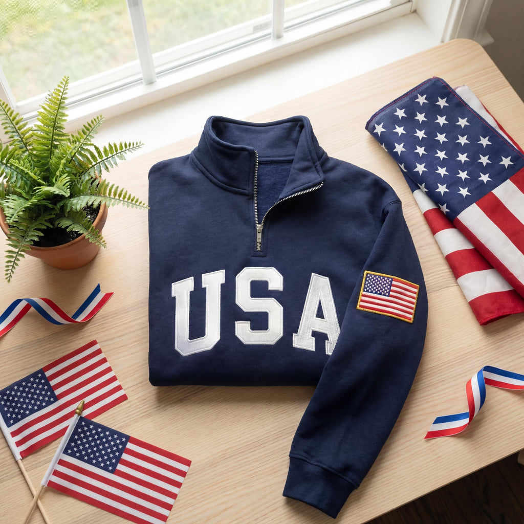 Embroidered USA Quarter Zip Sweatshirt, American Flag Pullover, Patriotic USA Jacket, 4th of July Outfit Tee, Unisex USA Embroidered Shirt