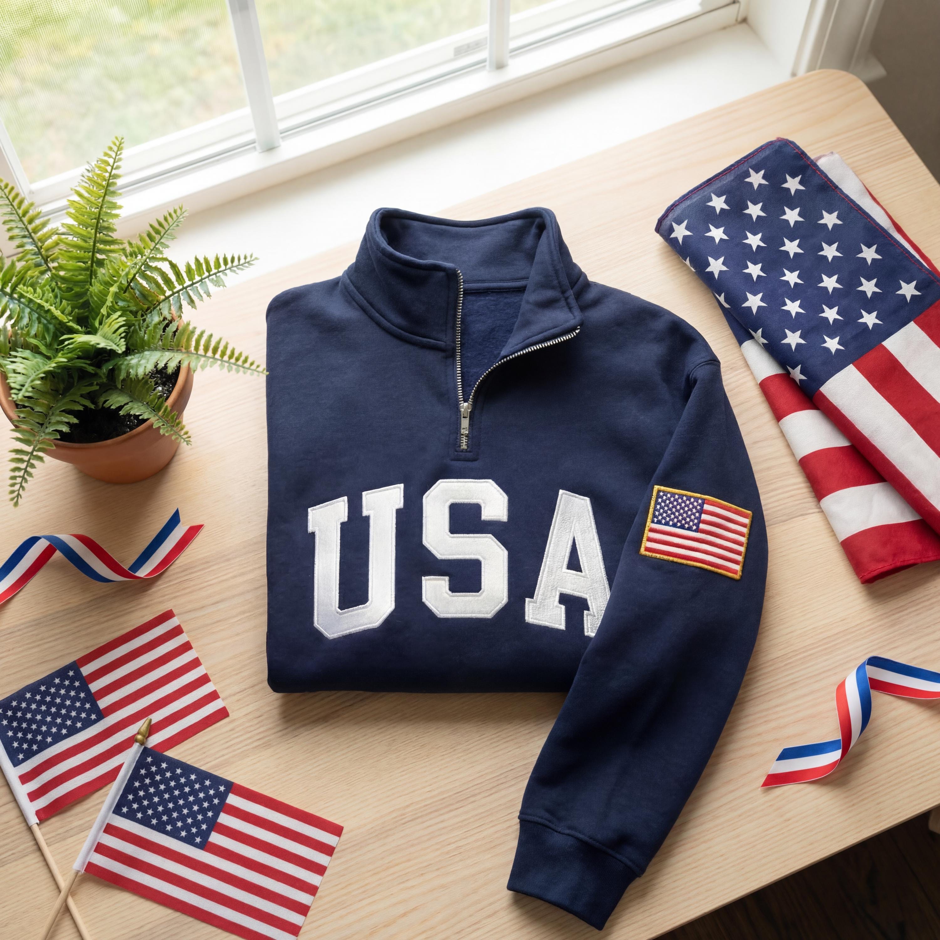 Embroidered USA Quarter Zip Sweatshirt, American Flag Pullover, Patriotic USA Jacket, 4th of July Outfit Tee, Unisex USA Embroidered Shirt