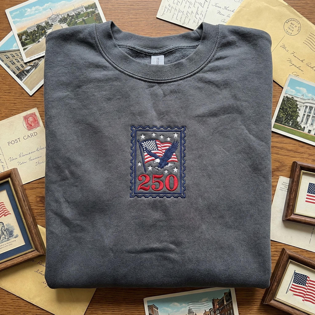 Embroidered Postage Stamp Eagle Sweatshirt – USA 250th Anniversary Patriotic Shirt | American Flag 1776–2026 Commemorative Apparel