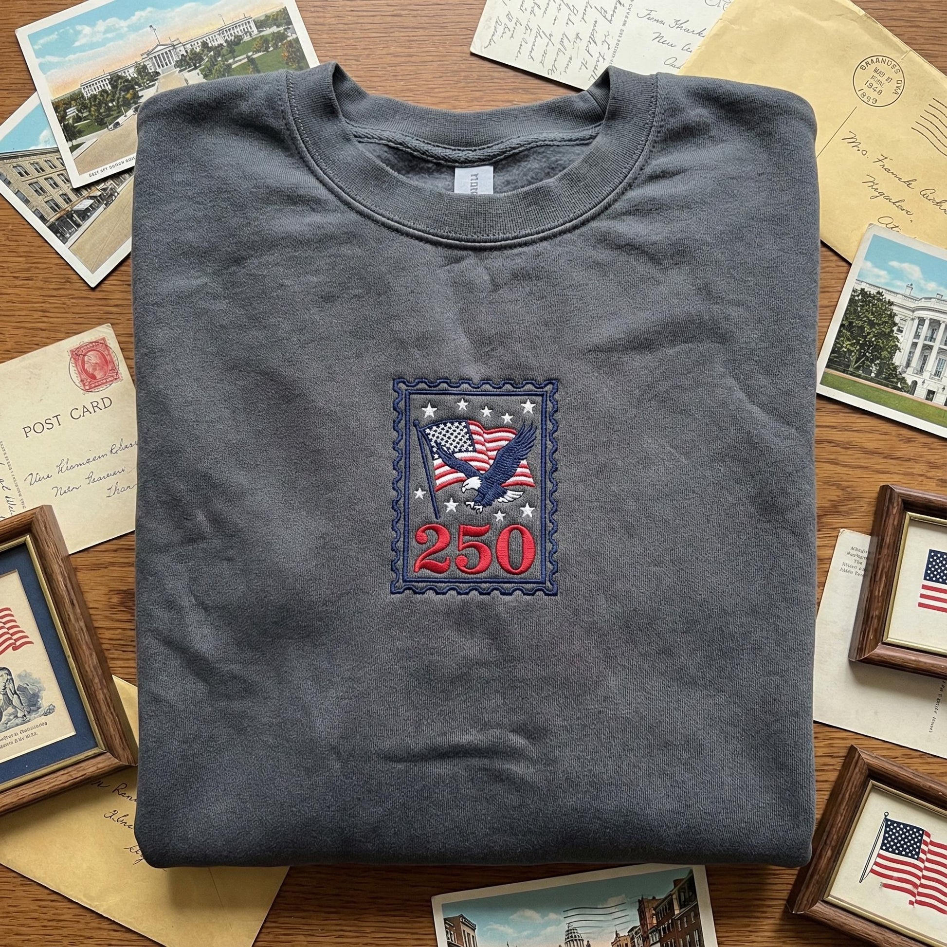 Embroidered Postage Stamp Eagle Sweatshirt – USA 250th Anniversary Patriotic Shirt | American Flag 1776–2026 Commemorative Apparel