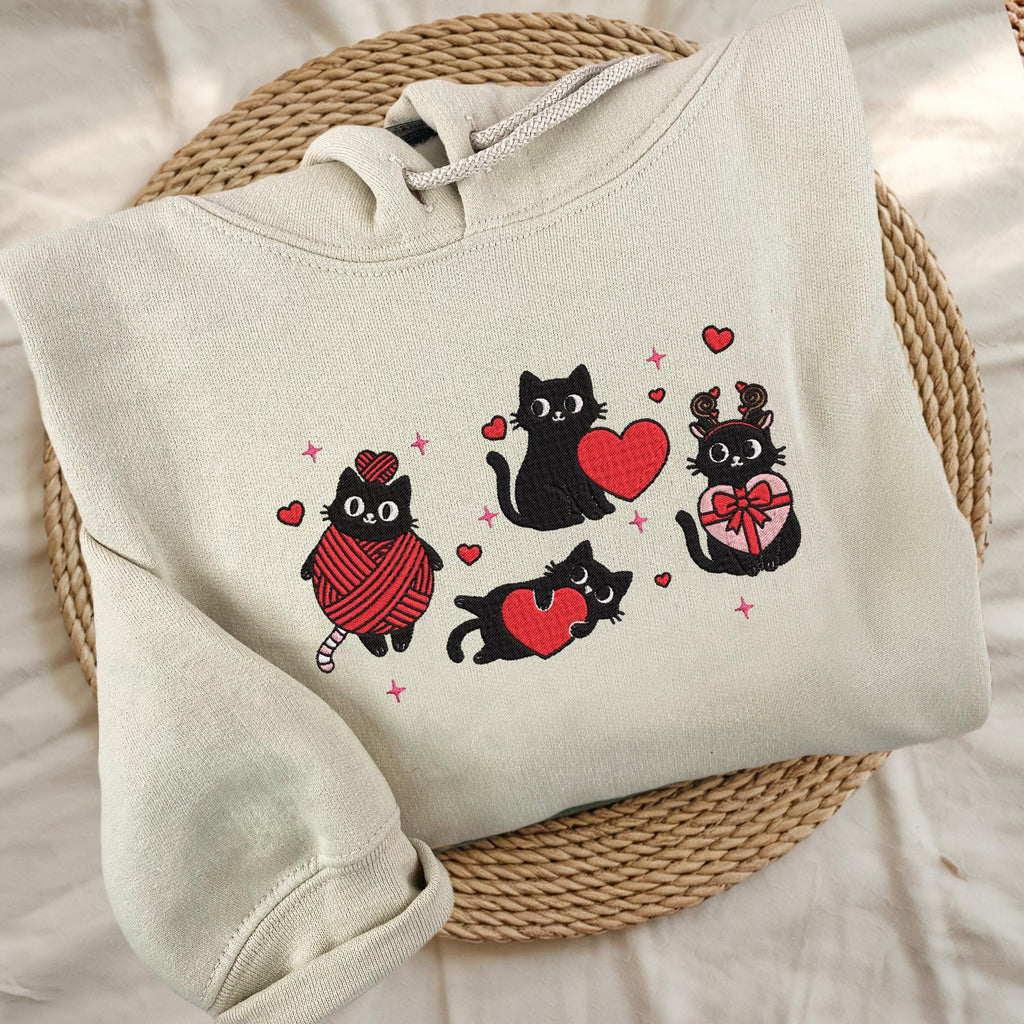 Embroidered Black Cat Sweatshirt, Valentine’s Day Cat Lover Sweater, Cute Cat Mama Gift