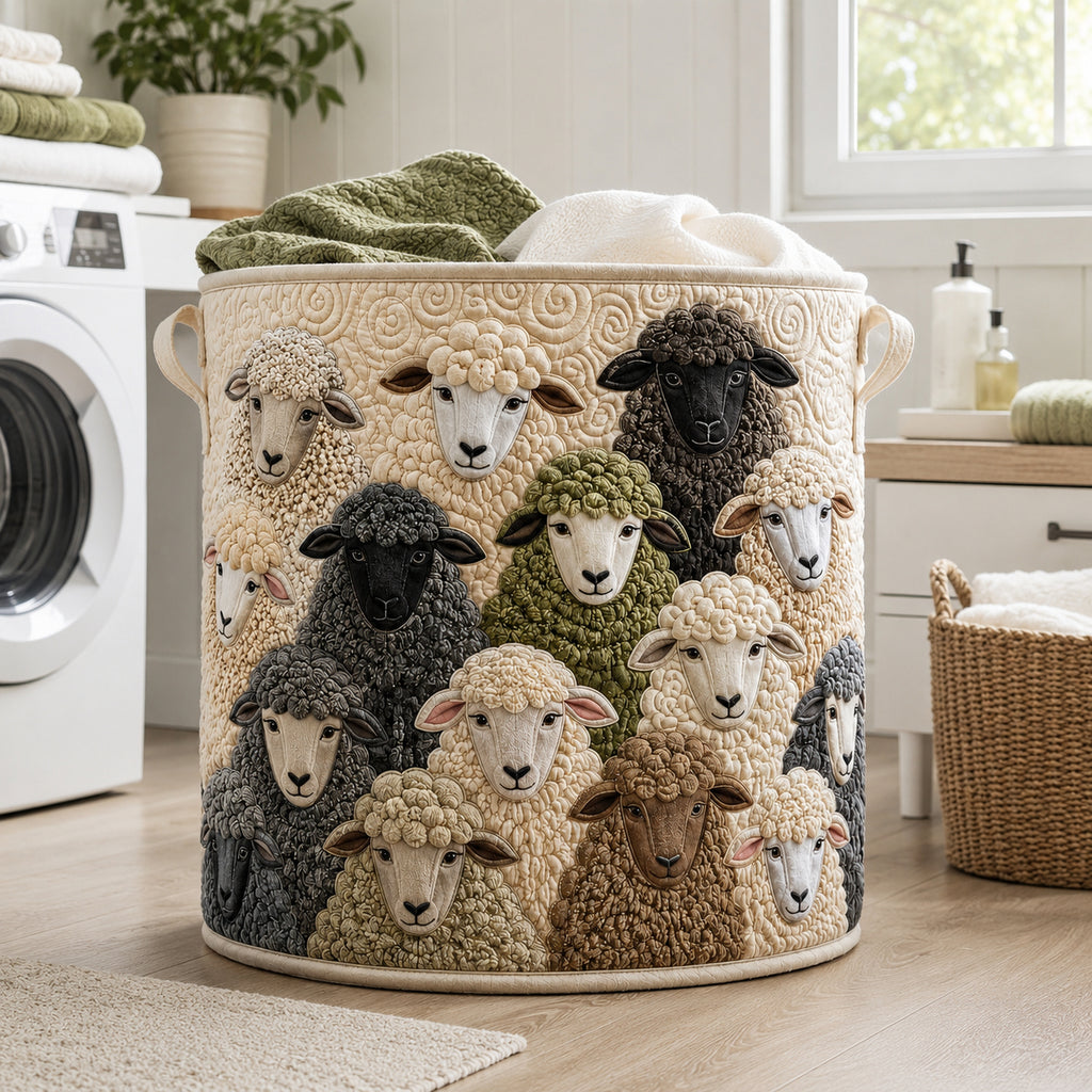 Sheep Quilted Laundry Basket, Lamb Storage Hamper, Custom Name Quilted Basket, Laundry Room Decor, Fabric Clothes Basket QBK75