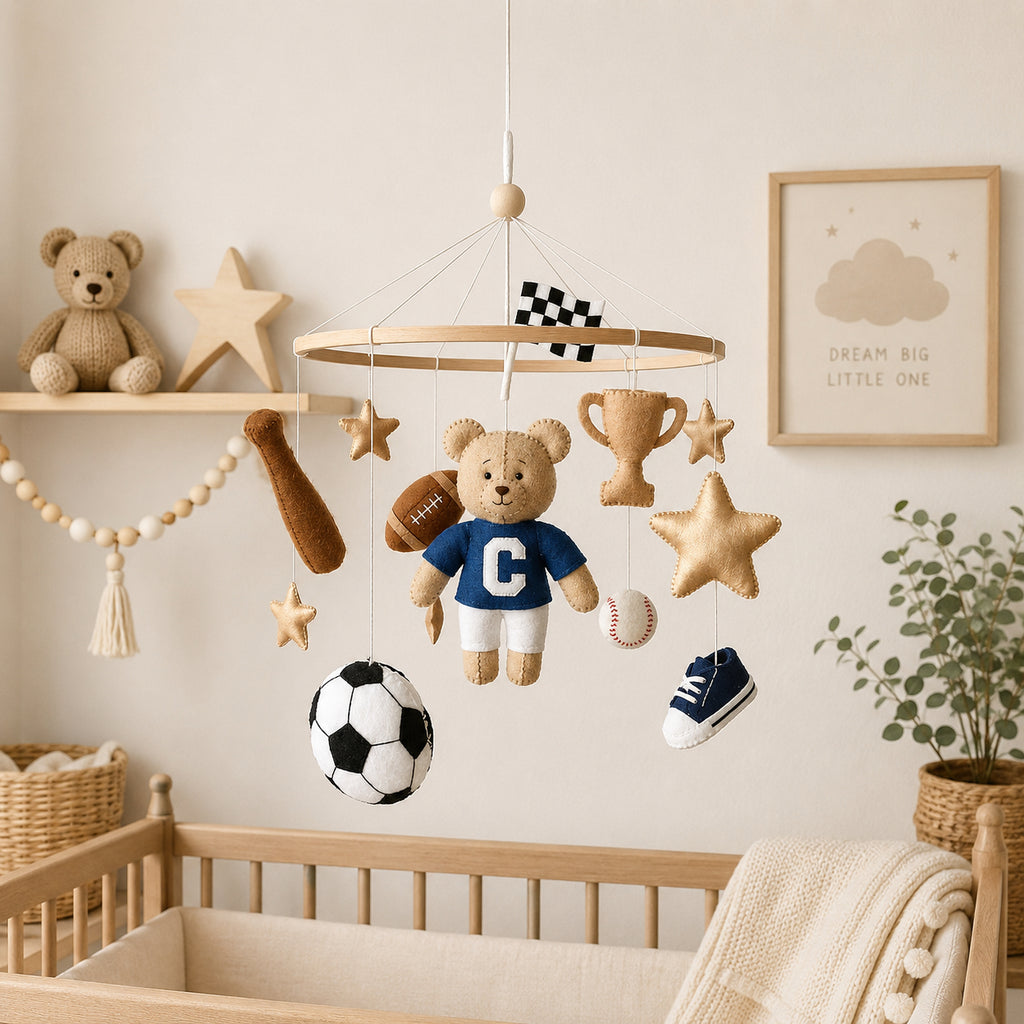 Personalized Sports Felt Baby Mobile, Handmade Bear Nursery Crib Mobile, Football Baseball Soccer Baby Boy Room Decor BBMB01