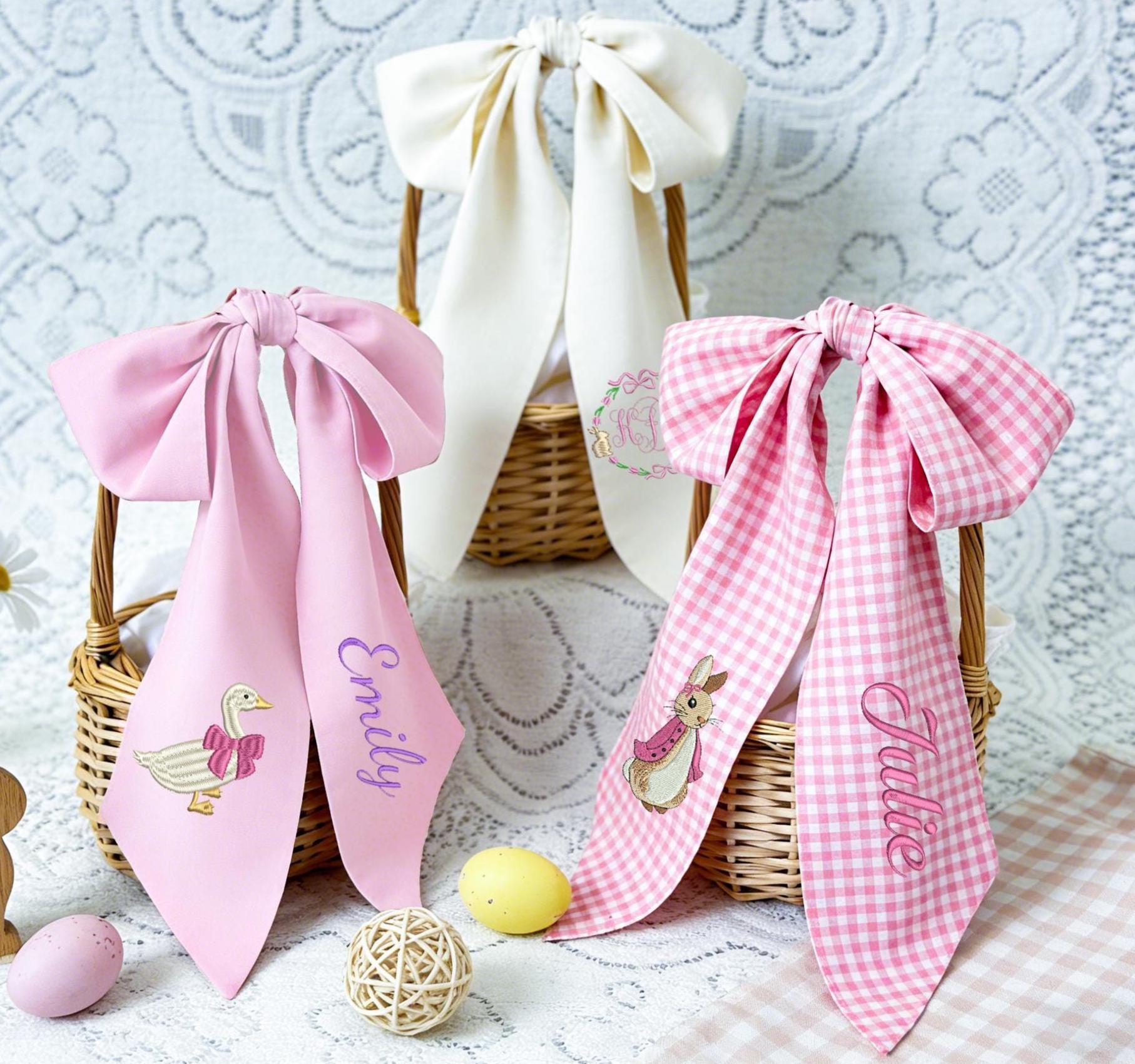 Personalized Seersucker Easter Basket Bow with Embroidered Name Custom Monogrammed Bunny Design Egg Hunts Gift & Spring Decorations