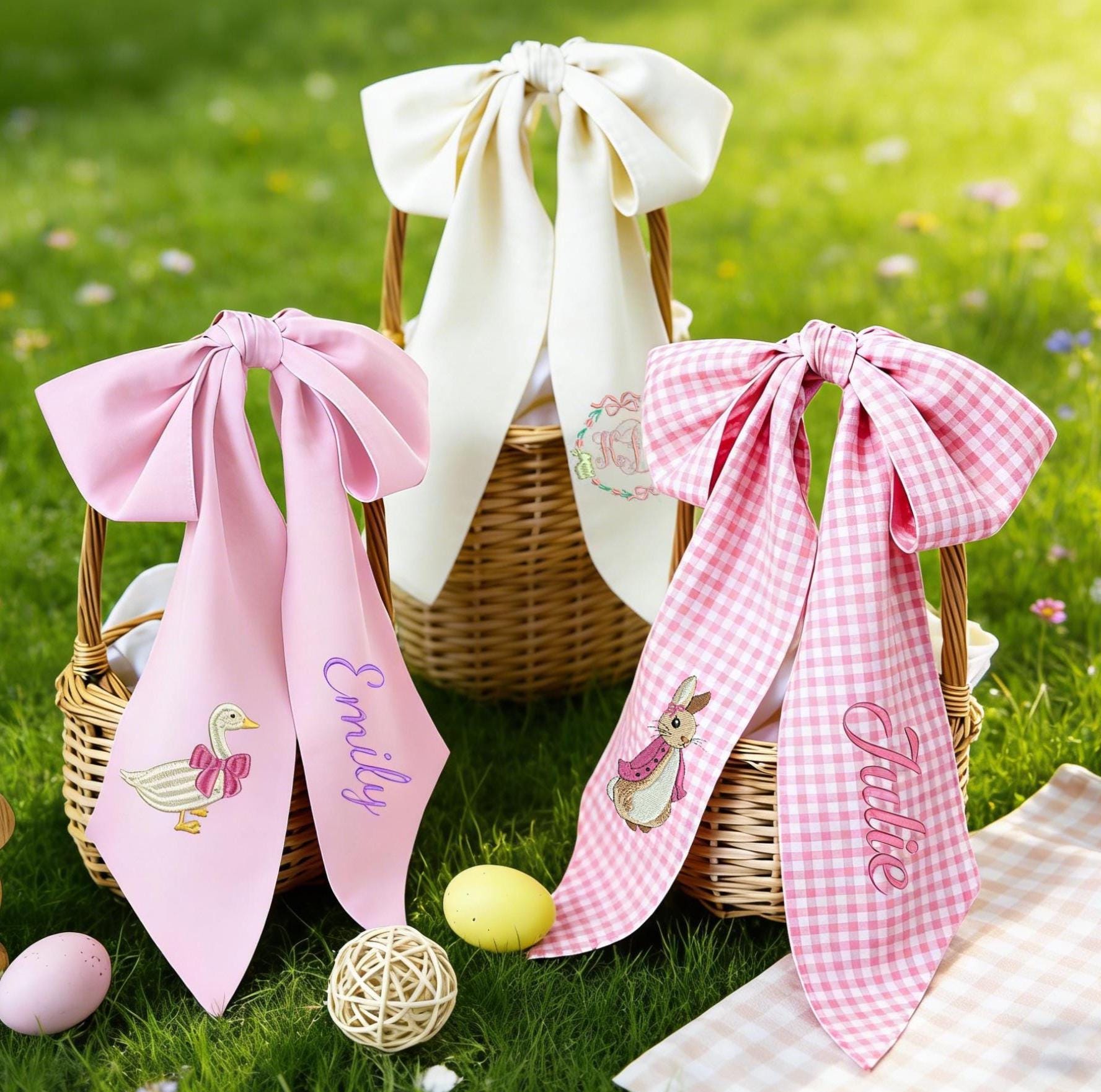 personalized easter basket bow,custom easter bows embroidered,easter bunny bow,easter basket ribbon,peter rabbit personalized bow for basket