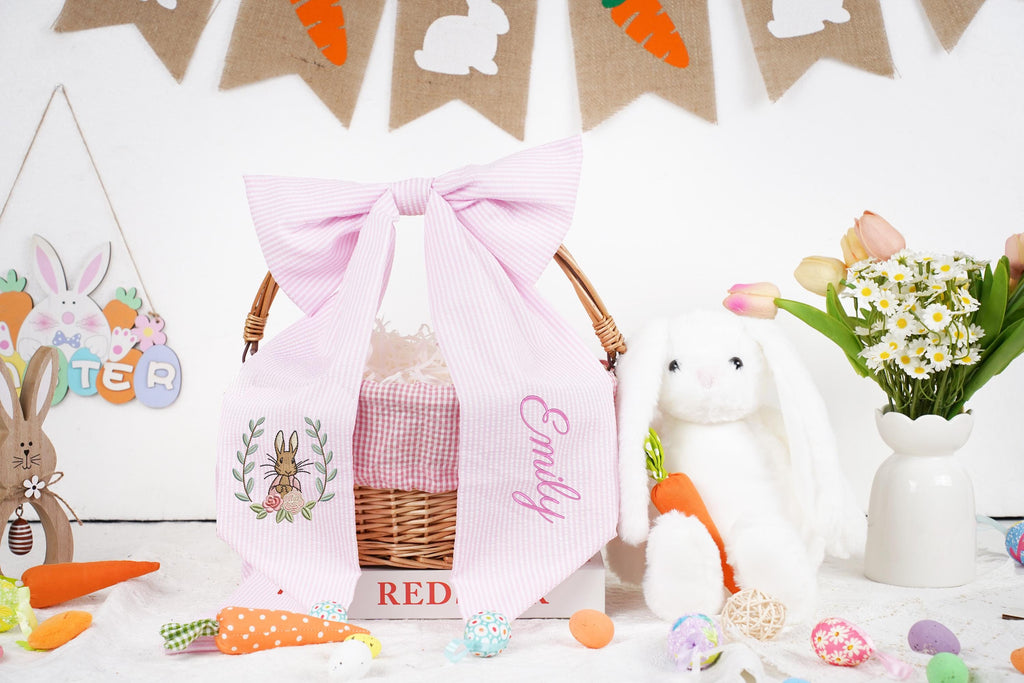Personalized Seersucker Easter Basket Bow, Custom Monogrammed Bow, Baby Shower Favor, Wedding Basket Bow, Spring Decoration