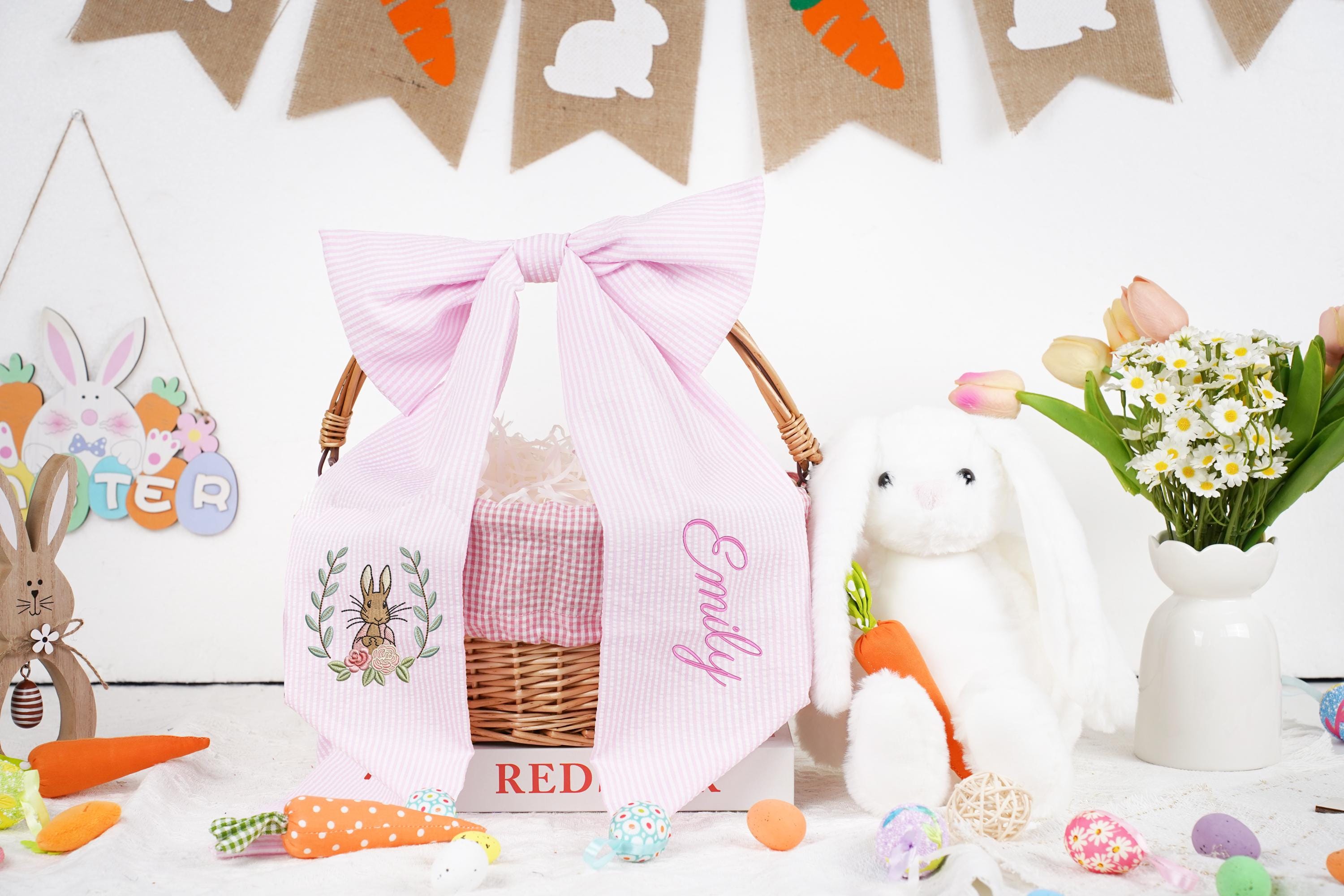 Personalized Seersucker Easter Basket Bow, Custom Monogrammed Bow, Baby Shower Favor, Wedding Basket Bow, Spring Decoration