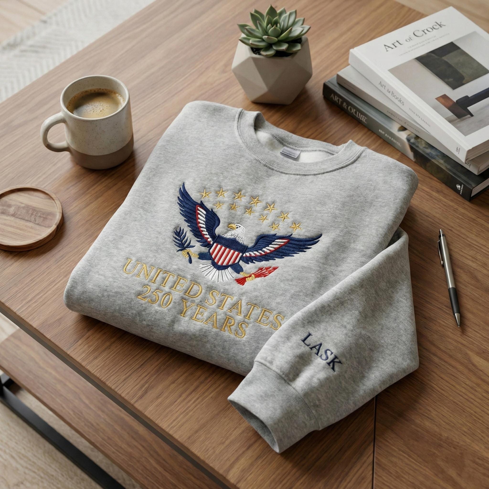 Custom Embroidered USA 250 Years Sweatshirt, Semiquincentennial Hoodie, American History Gift, Patriotic Crewneck, Personalized Sleeve