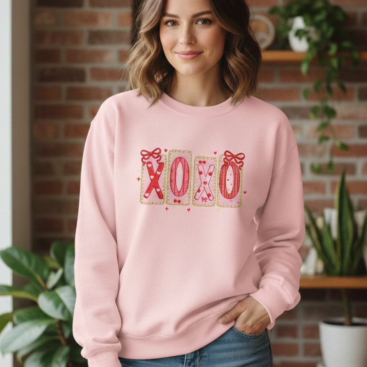 XOXO Valentine Embroidered Sweatshirt, Pink Red Heart Coquette Crewneck, Trendy Valentine’s Day Sweatshirt