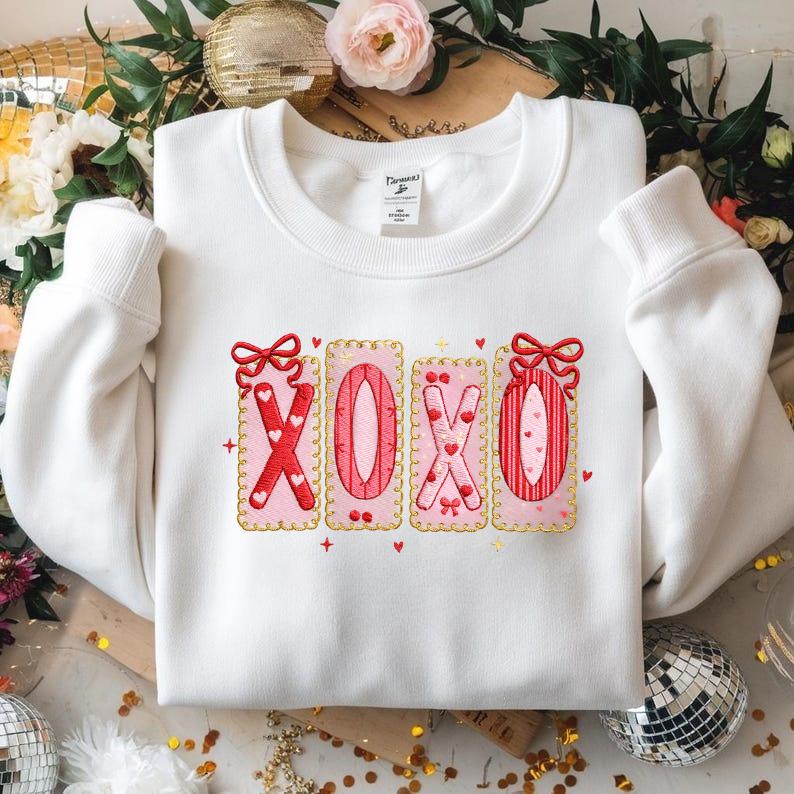 XOXO Valentine Embroidered Sweatshirt, Pink Red Heart Coquette Crewneck, Trendy Valentine’s Day Sweatshirt