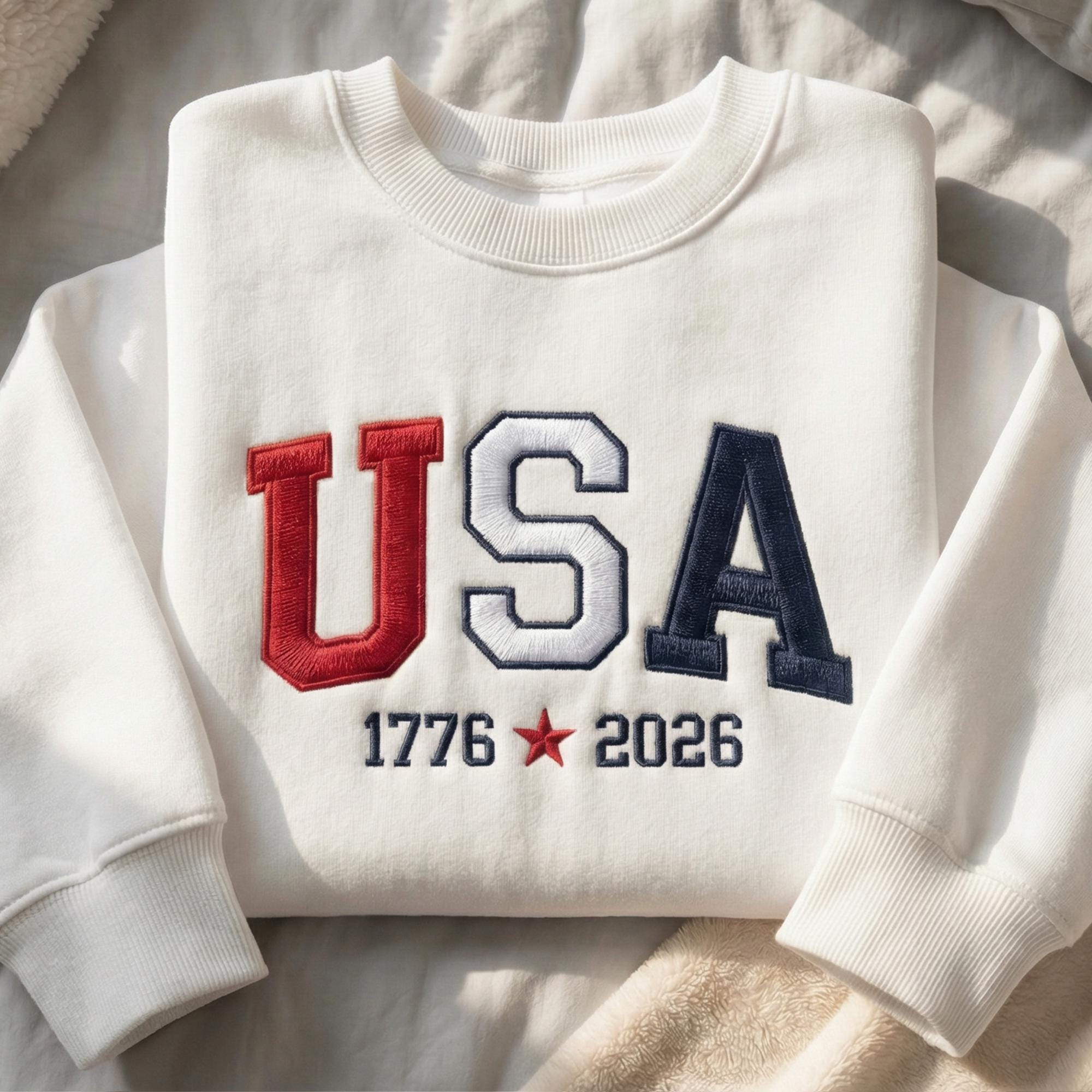 Embroidered USA Sweatshirt Patriotic Pullover 1776–2026 Americana Unisex Sweatshirt Fourth of July Gift Shirt