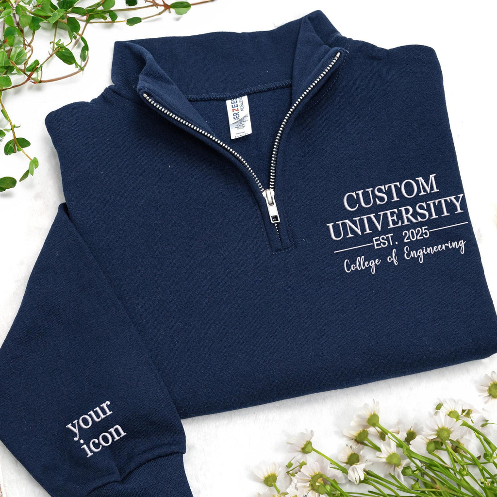 Custom Embroidered Quarter Zip Sweatshirt: Personalized University College Sweatshirt, New Student Gift