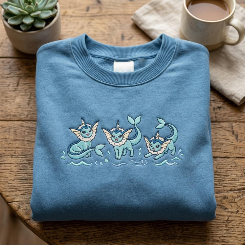 Vaporeon Embroidered Sweatshirt, Cute Poke Crewneck, Kawaii Anime Embroidery Shirt, PKM T-shirt, Gamer Gift, Pastel Aesthetic
