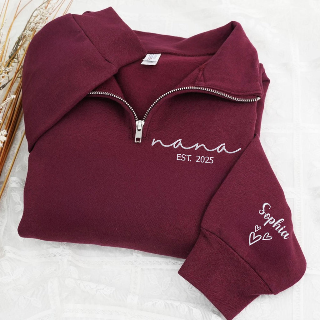 Custom Nana Sweatshirt, Personalized Nana EST Embroidered Quarter Zip Sweater, Christmas Gifts For Grandma, Nana, Mimi, New Grandma Gifts