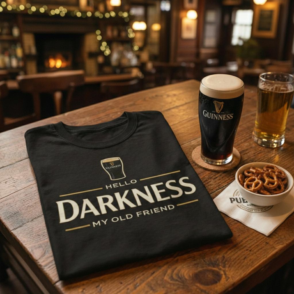 Hello Darkness My Old Friend Irish Beer Embroidered T-Shirt, St Patrick’s Day Party Tee, Funny Drinking Gift Embroidered, Guinness Stout Lover Top, Irish Pub