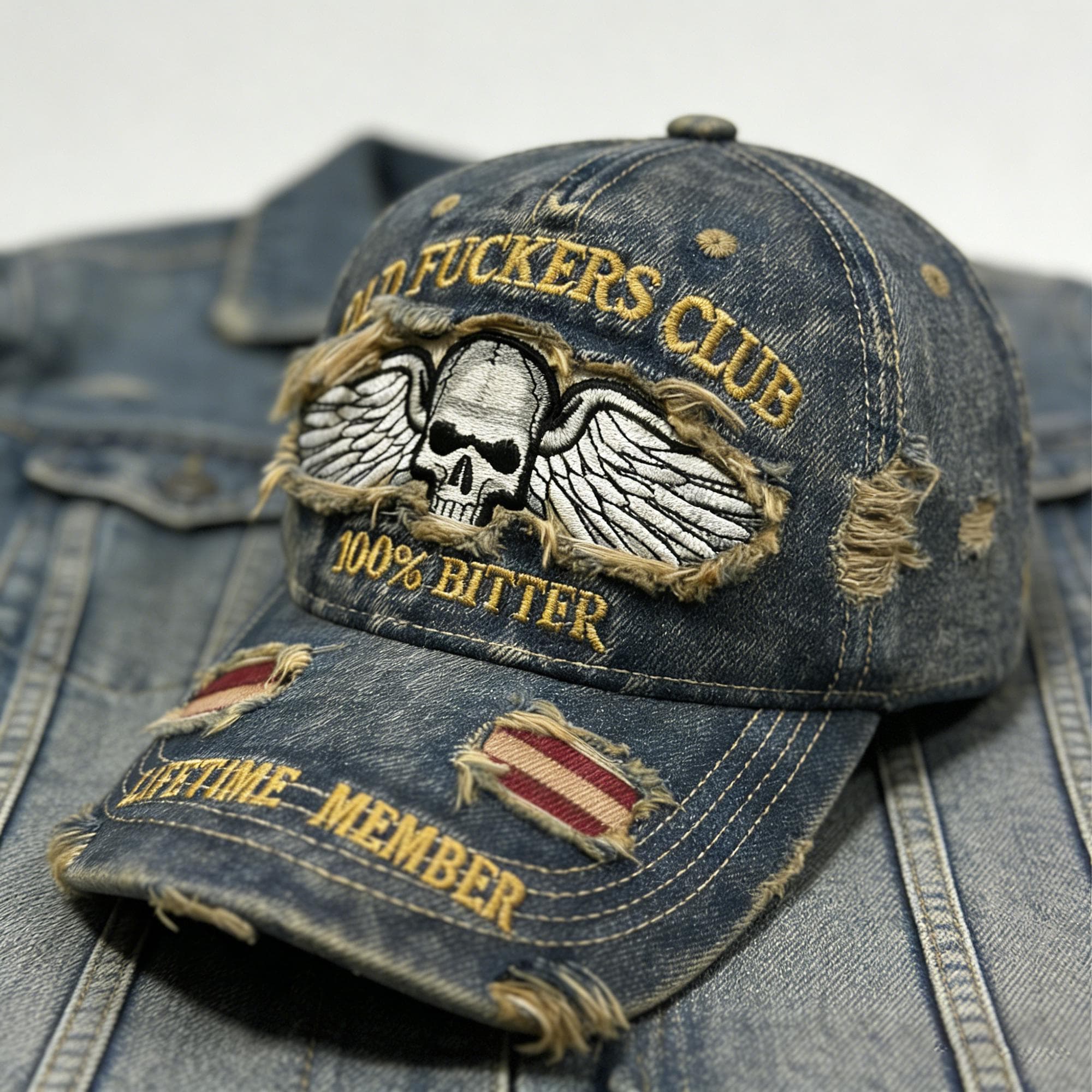 Old Fuckers Club Distressed Denim Cap – Embroidered Skull Adjustable Dad Hat