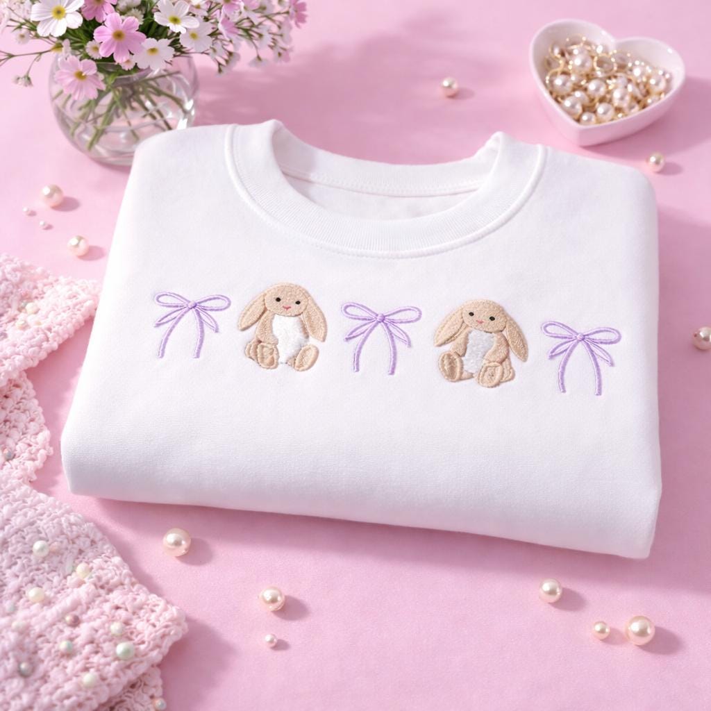 Pastel Bunny Embroidered Sweatshirt with Bows, Cute Cottagecore Crewneck Pullover, Easter Aesthetic Sweater, Soft Girl Spring Easter Outfit