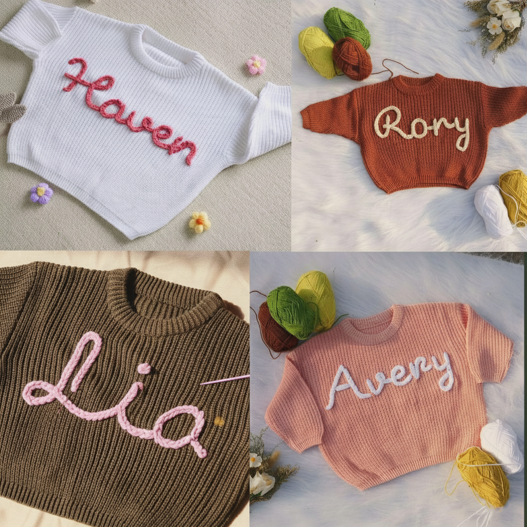 Personalized Hand embroidered Name Baby Sweater,Custome Knit Sweater,Pink Baby Girls Sweater With Name,Birthday Gift For Baby Girls Boy