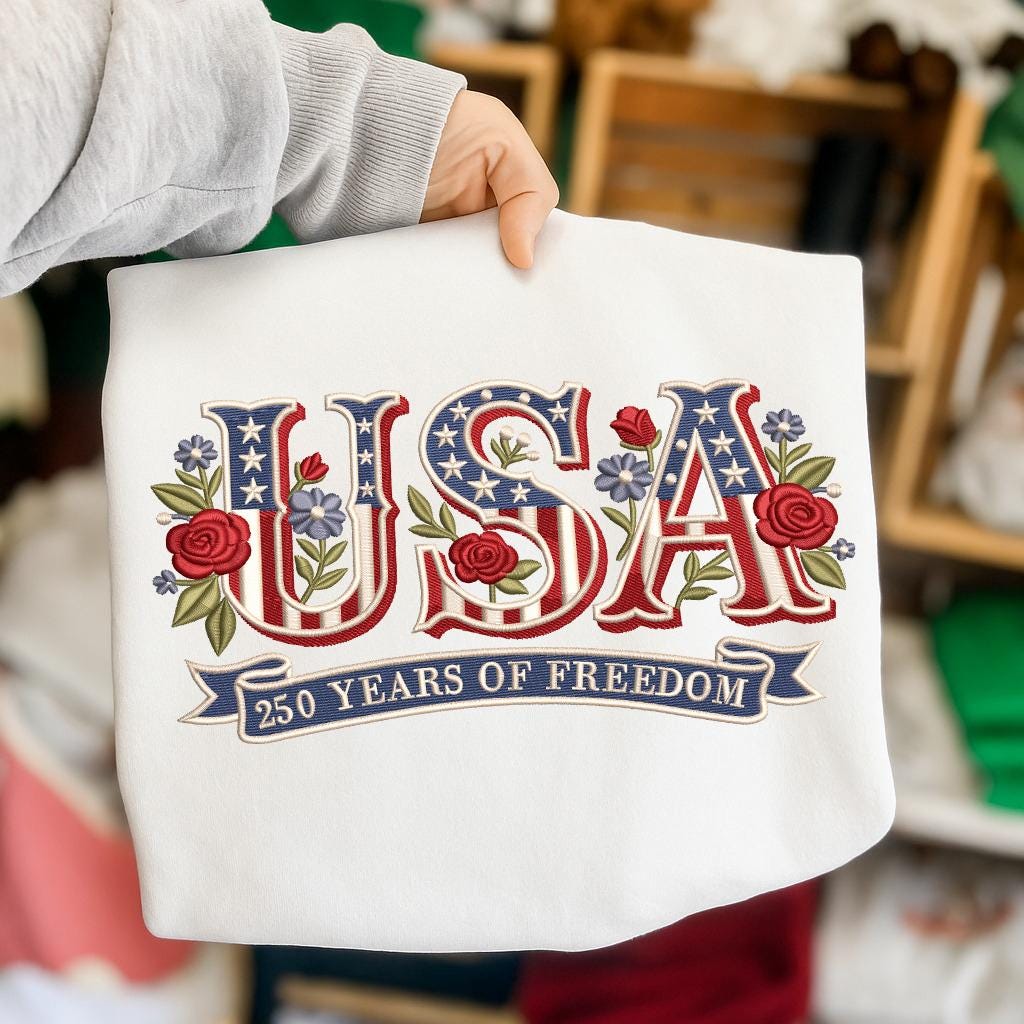 USA 250 Years of Freedom Embroidered Sweatshirt, 1776–2026 Patriotic Crewneck, American Flag 4th of July Shirt
