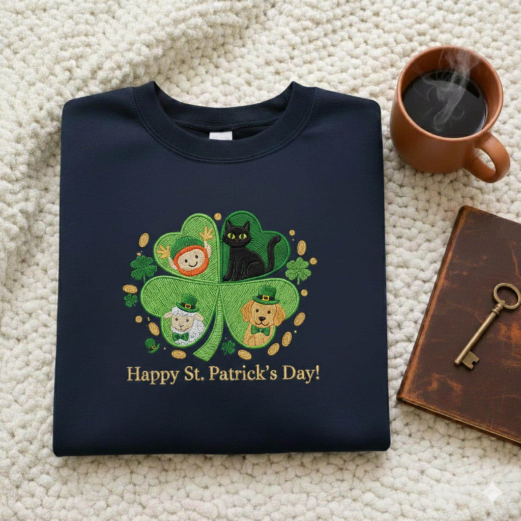 St. Patrick’s Day Embroidered Shirt – Lucky Clover Embroidery Sweatshirt, Irish Family Crewneck, St. Paddy’s Day Gift