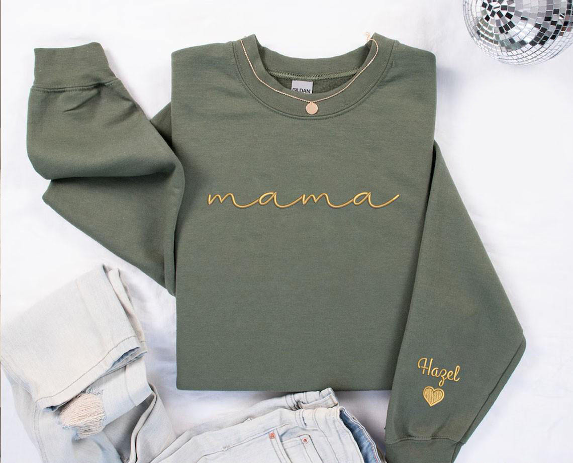 Embroidered Personalized Mama Sweatshirt, Custom Kids Names on Sleeve, Mother’s Day Gift
