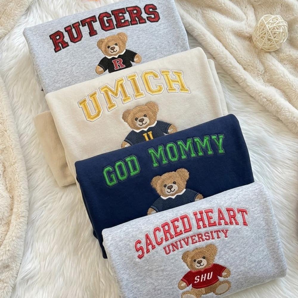 Teddy Bear Embroidered University Sweatshirt, Custom College Name Crewneck, Cute School Spirit Shirt, Game Day Outfit, College Gift
