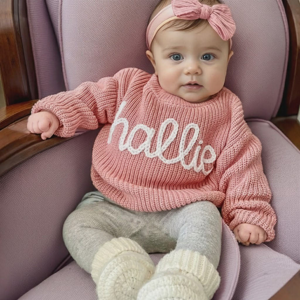 Personalized Hand embroidered Name Baby Sweater,Custome Knit Sweater,Pink Baby Girls Sweater With Name,Birthday Gift For Baby Girls Boy