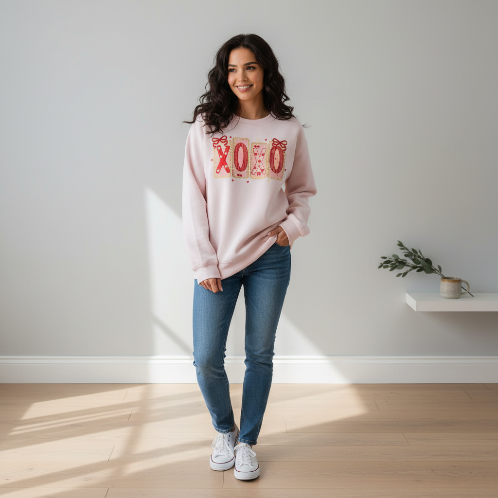 XOXO Valentine Embroidered Sweatshirt, Pink Red Heart Coquette Crewneck, Trendy Valentine’s Day Sweatshirt