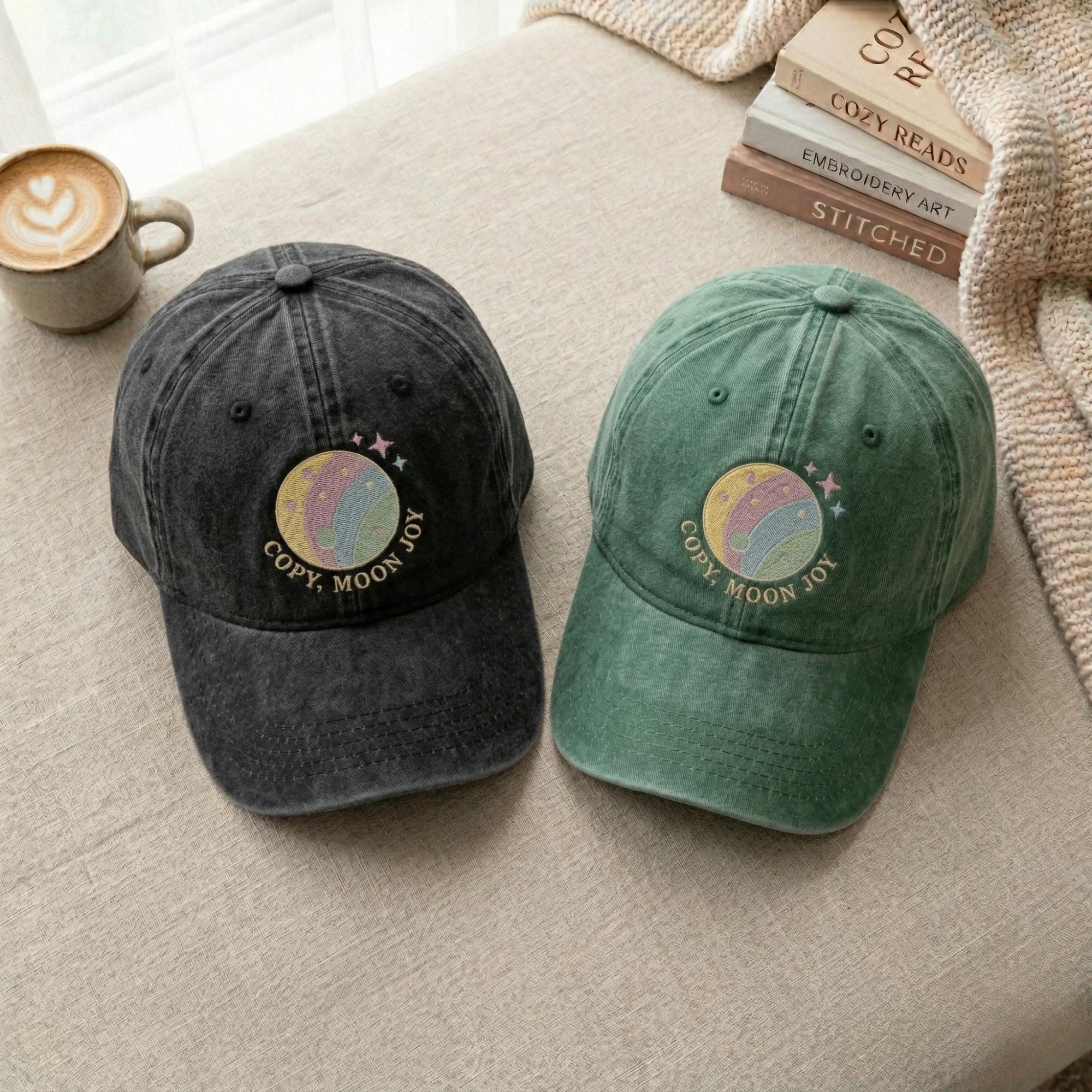 Washed Cotton Embroidered Hat, Moon Joy Design Cap, Minimal Space Baseball Cap, Aesthetic Gift for Women
