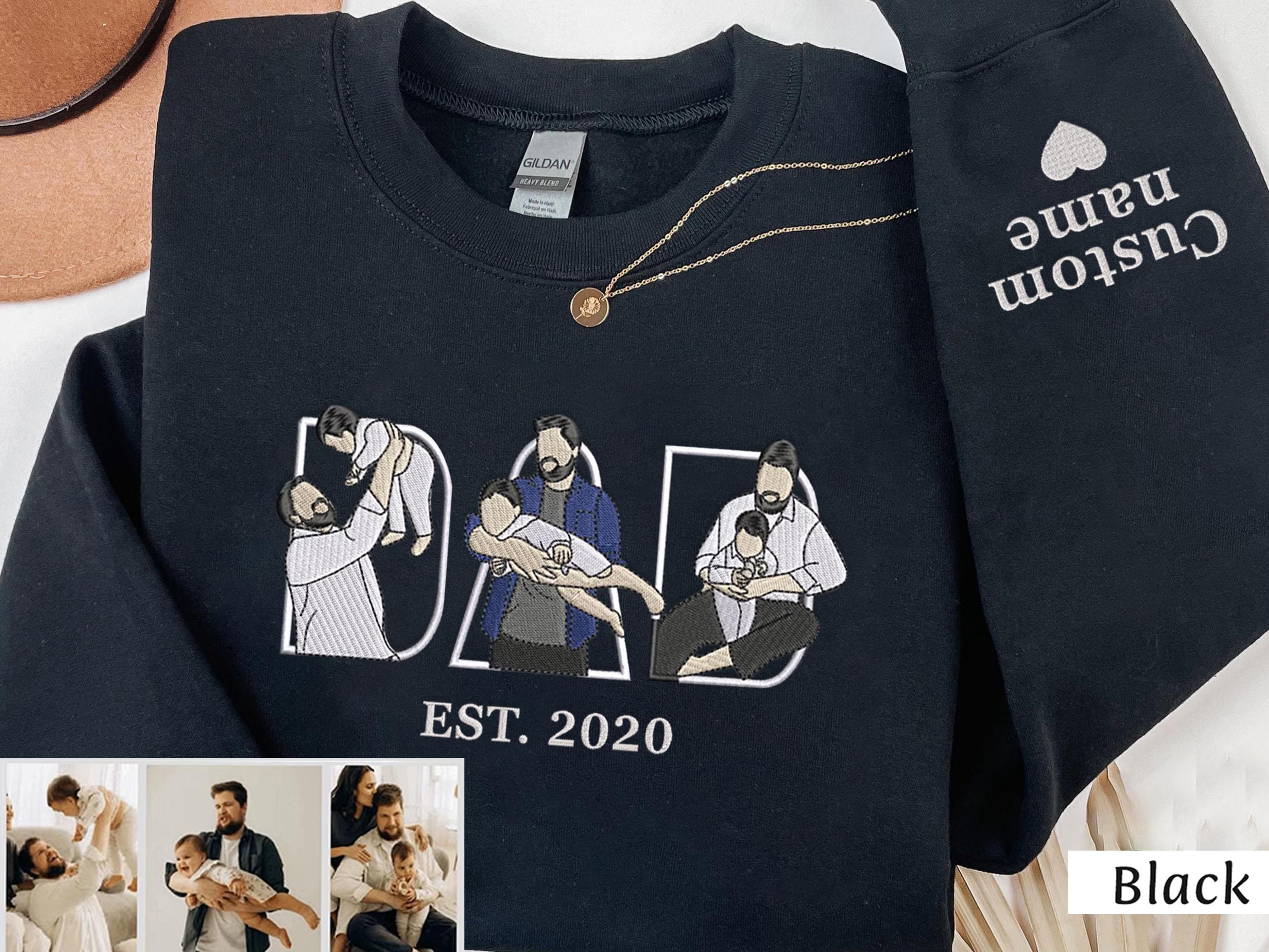 Embroidered Dad Hoodie, Custom Kid Portrait Sweatshirt, Personalized Name Sleeve
