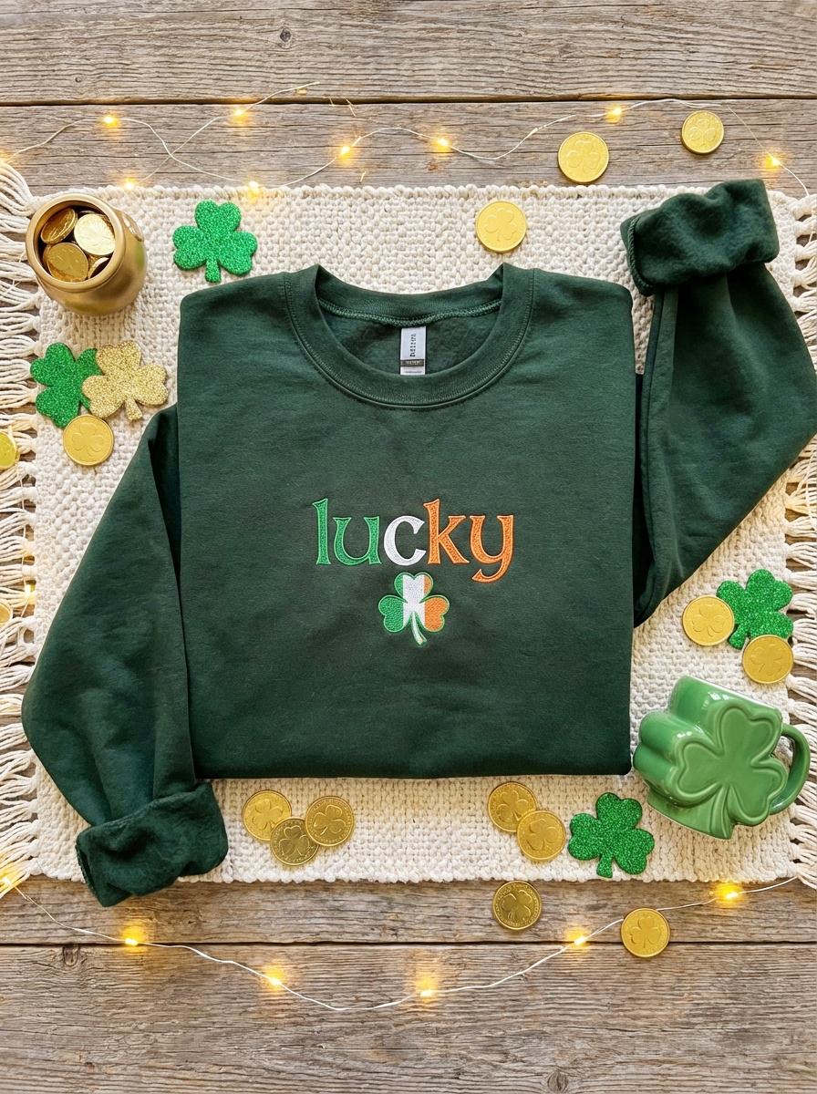 Embroidered Lucky Sweatshirt with Shamrock, St. Patrick’s Day Crewneck Gift, Cozy Green Irish Pullover