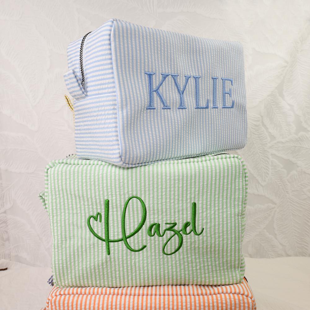 Custom Embroidered Seersucker Toiletry Bag, Personalized Name Travel Pouch, Bridesmaid Gift