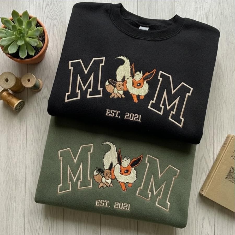 Custom Poke Mom Embroidered T-Shirt, PKM Anime Character Embroidery Sweatshirt, Funny Anime Mom Shirt, Family Matching Tee, Gift For Mom
