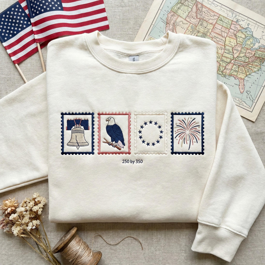 USA Anniversary Embroidered Sweatshirt, Patriotic Stamp Design, 4th of July Crewneck, Vintage America Sweatshirt