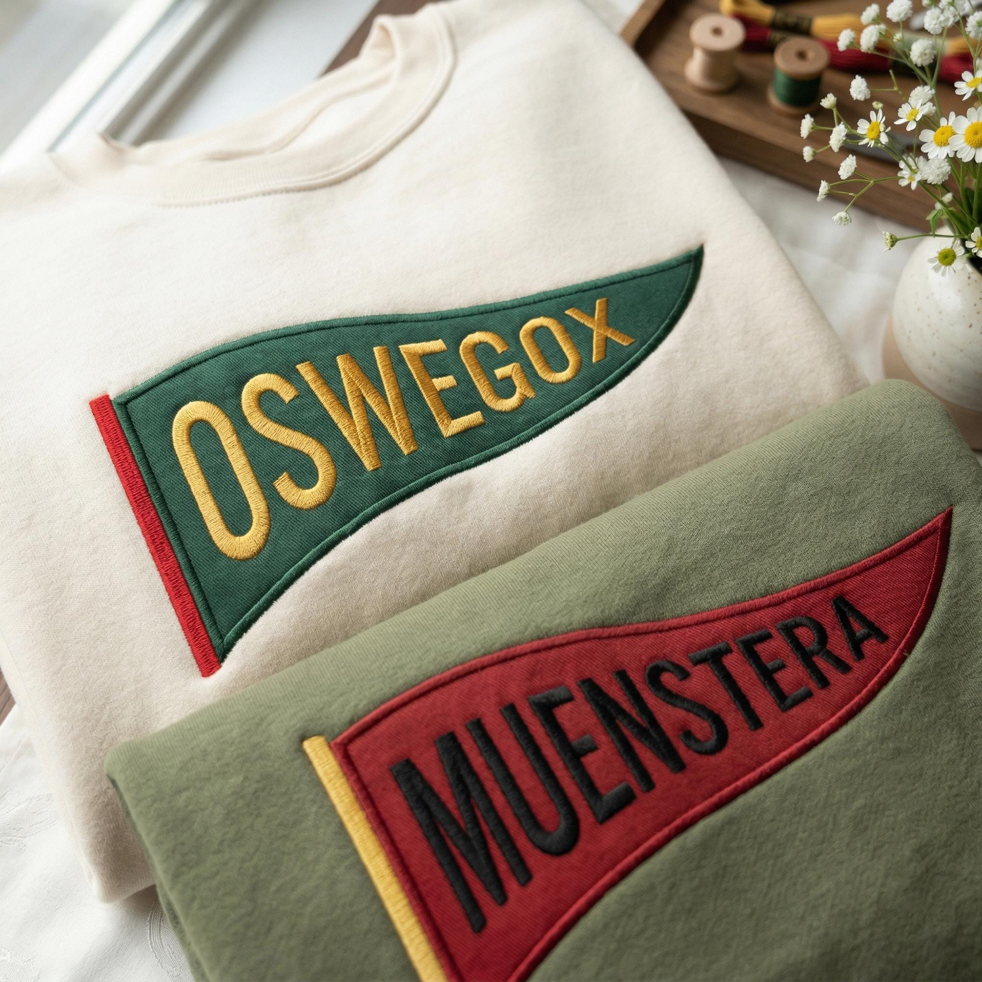 Custom Embroidered College Pennant Sweatshirt, Personalized Team Crewneck, Senior Class Gift, University High School Flag Name Sweater, Custom School Apparel