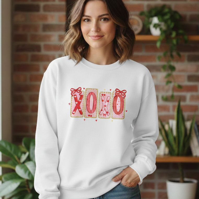 XOXO Valentine Embroidered Sweatshirt, Pink Red Heart Coquette Crewneck, Trendy Valentine’s Day Sweatshirt