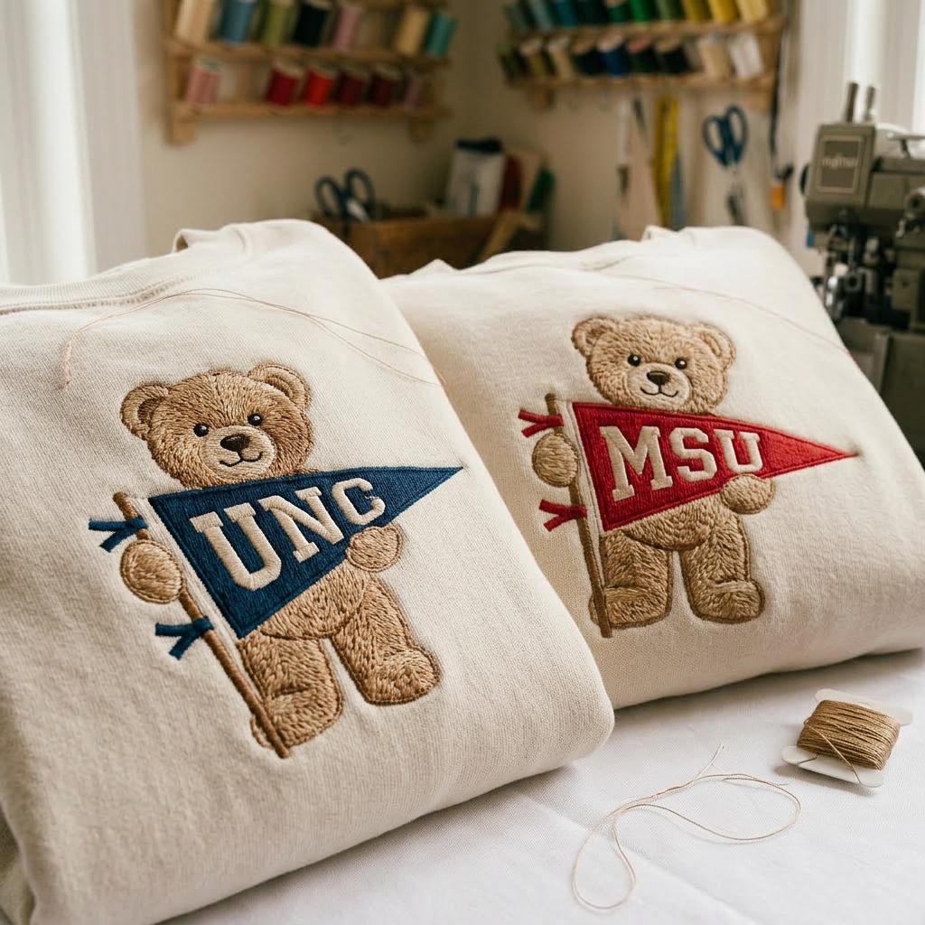 Custom College Sweatshirt, Embroidered Teddy Bear Shirt, Personalized University Name Pennant, Cute Campus Gift for Colleague